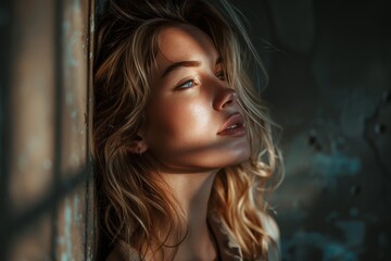 Fototapeta premium A woman's hair and partial profile is in focus against a textured, rusty background