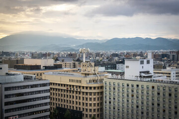 aerial view over kyoto, japan, urban, sunset, dawn, metropolis