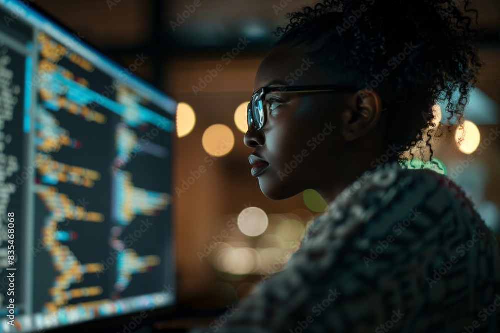 Poster image of a software developer focusing on code with face identity concealed