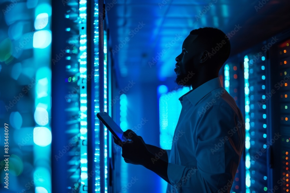 Poster the silhouette of a person with a tablet is featured against the illuminated racks of a data center 