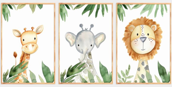 Fototapeta Three delightful watercolor illustrations showcasing close-up portraits of safari animals: giraffe, elephant, lion