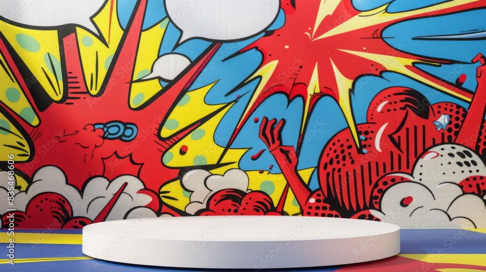 Poster A colorful pop art-style mural featuring vivid red, yellow, blue, and white comic-like graphics with an empty circular platform in front.