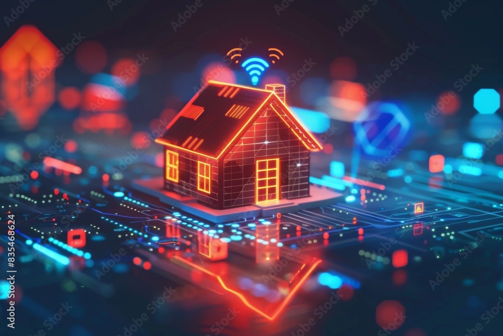 Poster an artistic representation of smart home technology with a house and wi-fi connectivity icons on a d