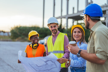 A multi-ethnic group of construction workers, two women and two men, dressed in hard hats and safety vests, are engaged in discussing a blueprint outdoors during golden hour.