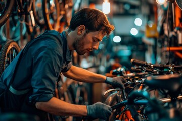 A skilled bike mechanic is adjusting a bicycle in a well-equipped workshop surrounded by tools