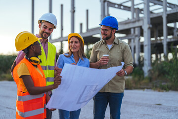 Two men and two women in hard hats and high-visibility vests engage in discussing a blueprint at a construction site, representing teamwork and project planning.