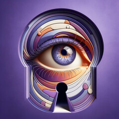 pupil of eye in keyhole on solid purple lilac background