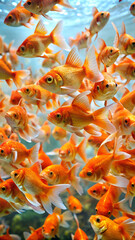 Fototapeta premium A bunch of Goldfish Swimming in a Clear Aquarium