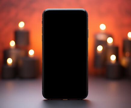 A black smartphone with a blank screen sits on a dark wood table with two lit candles in the background.