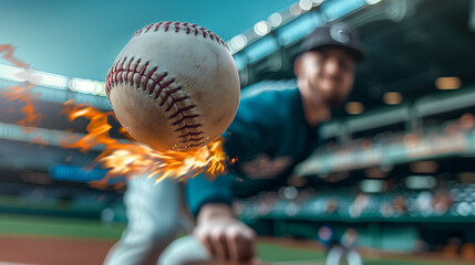 close-up on a fastball baseball throw with a professional baseball player on the background