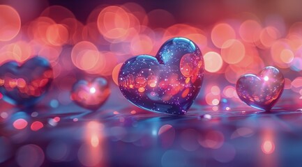 Glass Heart Ornaments Hanging in Front of Pink and Purple Bokeh Lights