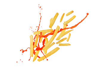 Splash of ketchup, mustard and french fries on transparent background png