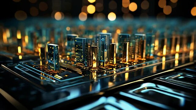 Close-up of a microcircuit with blue neon light