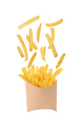 French fries bursting out from paper box on transparent background png