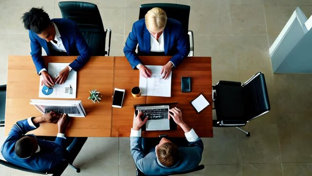 Top view of group of multiethnic busy people working in an office, Aerial view with businessman and businesswoman sitting around