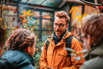 Fototapeta premium Portrait of smiling male teacher outdoors with group of students discussing topic, education concept