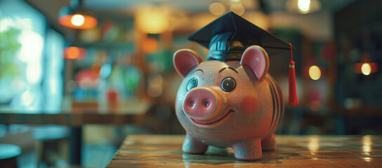 Obraz premium Piggy Bank Wearing Graduation Cap on Wooden Table