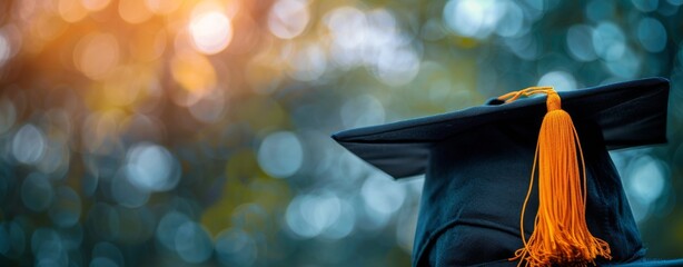 Graduation Cap With Orange Tassel Against Bokeh Background