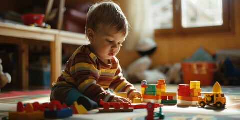 A young child enjoys playing with his toy truck on a floor or table