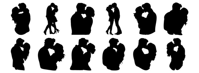 Kissing Couple silhouettes set, pack of vector silhouette design, isolated background