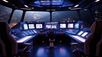 Futuristic spaceship cockpit interior with a view of space station and stars. A large spaceship window show view of space and modern cockpit with control panel with glowing light. Technology. AIG35.