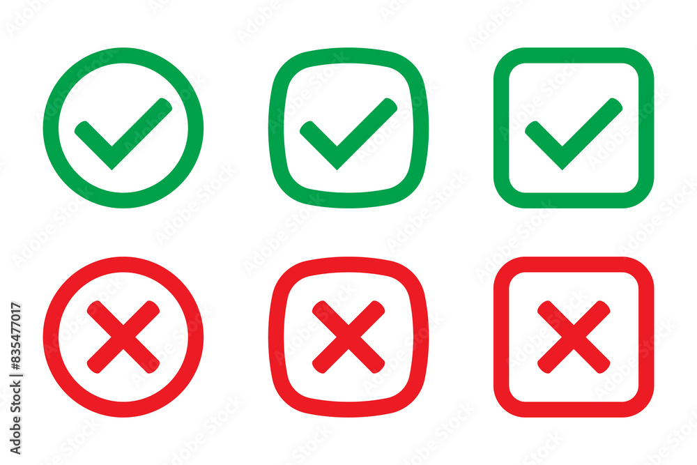 Aufkleber right or wrong icons. green tick and red cross checkmarks. yes or no symbol, approved or rejected ic