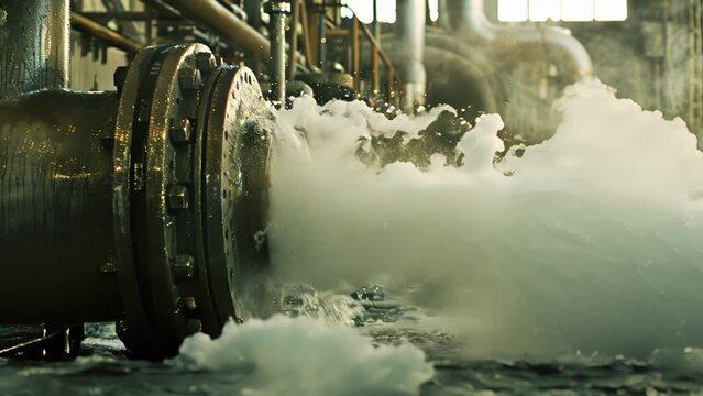 A closeup of hot water spewing out of a cylinder surrounded by machinery and turbines.