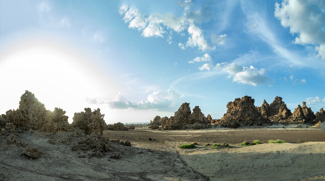 Limestone prehistoric chimneys rock formations, salt lake Abbe, Dikhil region, Djibouti