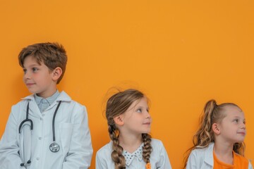 Children in white coats look in different directions. Banner. Plain background. Place for text. Doctor, laboratory assistant. Career guidance. Future profession