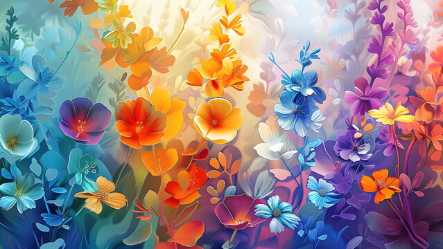 Abstrakte farbenfrohe Blumenwiese in Orange Gelb Blau und Rosa als vertr&auml;umte Aquarell Floralkunst
