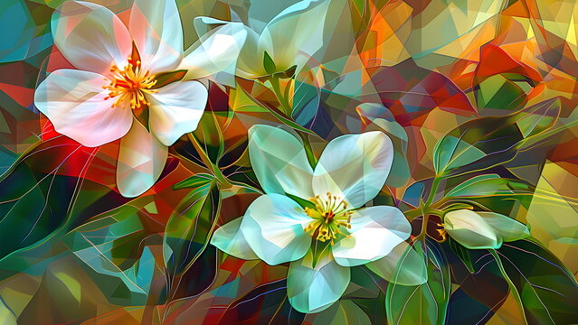 Abstrakte wei&szlig;e Bl&uuml;ten mit gr&uuml;nen Bl&auml;ttern und geometrischen Farbfl&auml;chen als moderne botanische Kunst