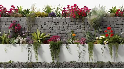 a piece of gray-toned garden walls made of cut-out green plants and flowers.