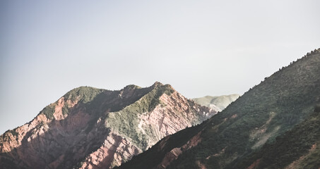 Mountain range of rocks covered with dense forest of trees and bushes, mountains in Tajikistan in the evening at sunset in summer