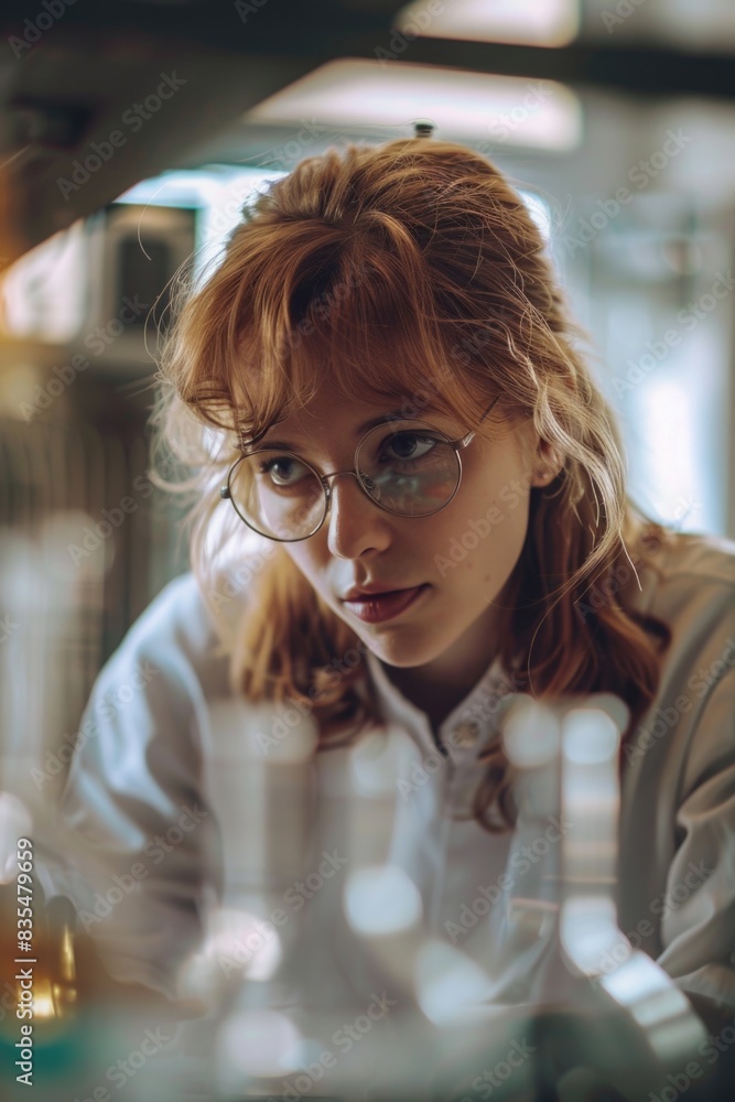 Poster a scientist in a lab setting examines samples through magnifying glasses
