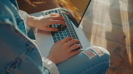 A person typing and hands of person with laptop for working,