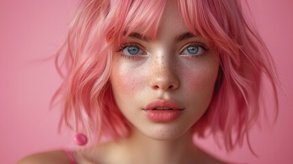 Stylish Woman with Pink Bob Hair Blowing Bubble Gum Against a Matching Pink Background