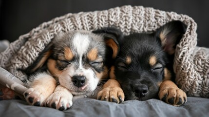 Cute puppy dog sleeping in blanket