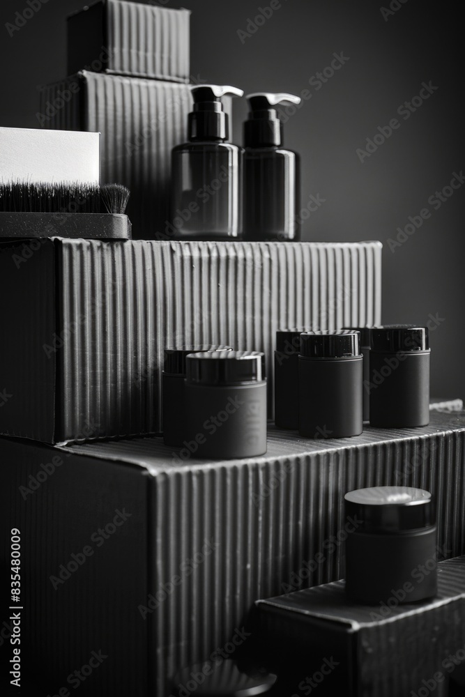 Poster a photograph of a stack of boxes in a black and white color scheme, suitable for use in business or 