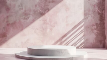A minimalist design featuring a white circular platform against a pink wall. Daylight casts diagonal shadows, creating a serene atmosphere.