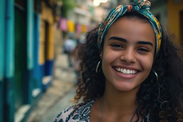 Fototapeta premium A smiling woman with curly hair and a colorful headband