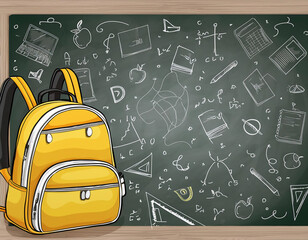 Back to school banner or poster featuring a yellow backpack on a green chalkboard background	