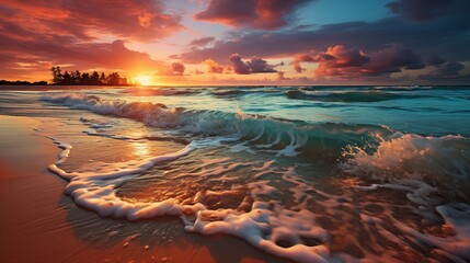 Obraz premium Breathtaking Sunset Over Majestic Ocean Waves at Peaceful Beach