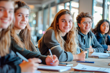 Group of college students studying in a classroom taking notes while sitting at their desks during a lesson. Group of multinational university students conducting research