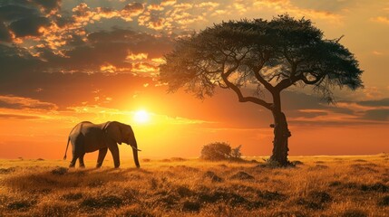 Obraz premium Elephant, Nature And Wildlife In Africa For Conservation With Animal In Natural Environment Or Habitat. Ecology, Game Or Safari And Tree On Landscape With Fauna
