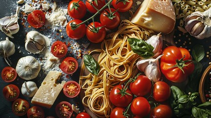 An artistic burst of Italian kitchen essentials, featuring tomatoes, pasta, and cheese scattered across a chopping board