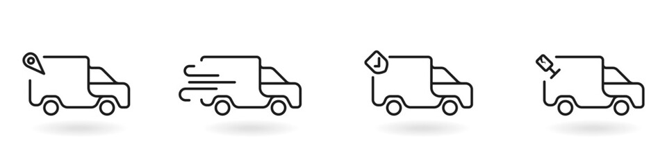 Delivery vector icon set. Cargo transportation by truck. Courier delivery vector. Fast delivery. Delivery service. Business truck. Land transportation of goods vector. Vector illustration.