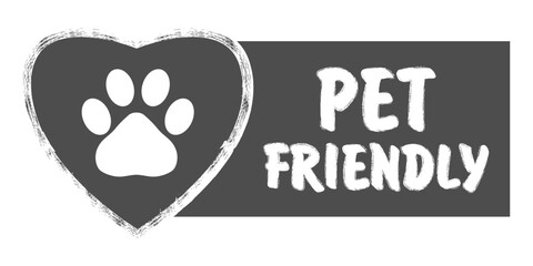 Pet friendly grunge stamp, gray isolated on white background, vector illustration.  Animal paw print on heart vector illustration for your web site design, app, UI.  Pet Friendly sign. EPS10.