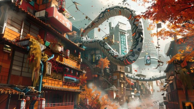 A large cyborg snake coils around a building in a cyberpunk city, AI generated image
