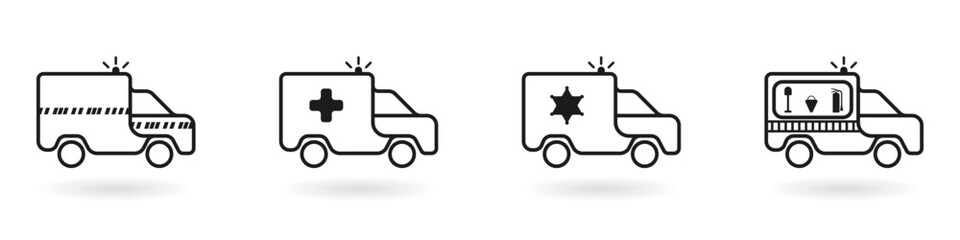 A set of special service vehicles. Cars with flashing lights vector. Linear transport icons. Car for emergency situations. Ambulance, police, firefighters, rescuers vector set.
