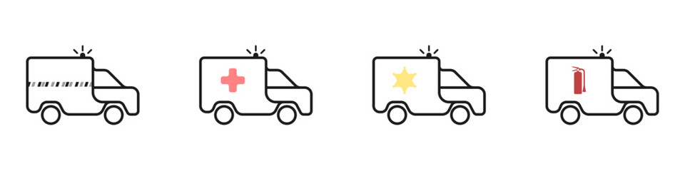 A set of special service vehicles. Cars with flashing lights vector. Linear transport icons. Car for emergency situations. Ambulance, police, firefighters, rescuers vector set.